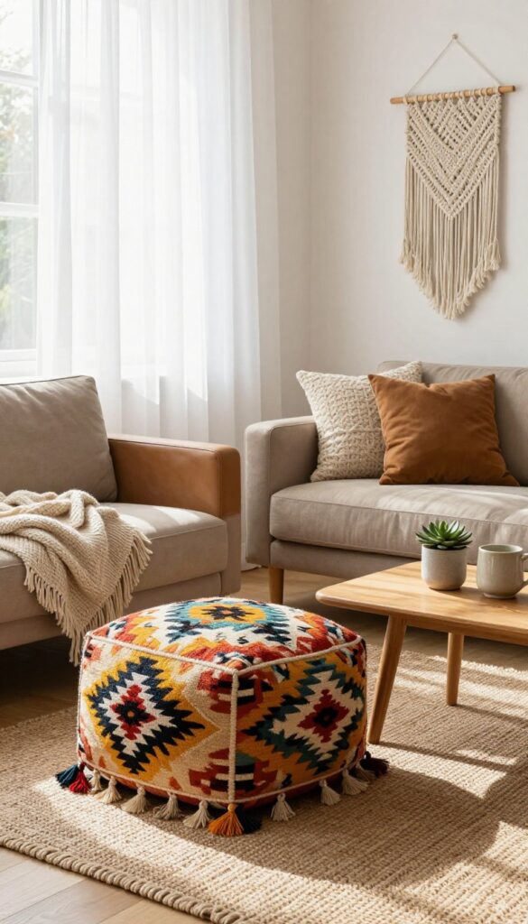 Cozy boho living room with a small woven pouf beside a sofa, layered textures, and natural light.