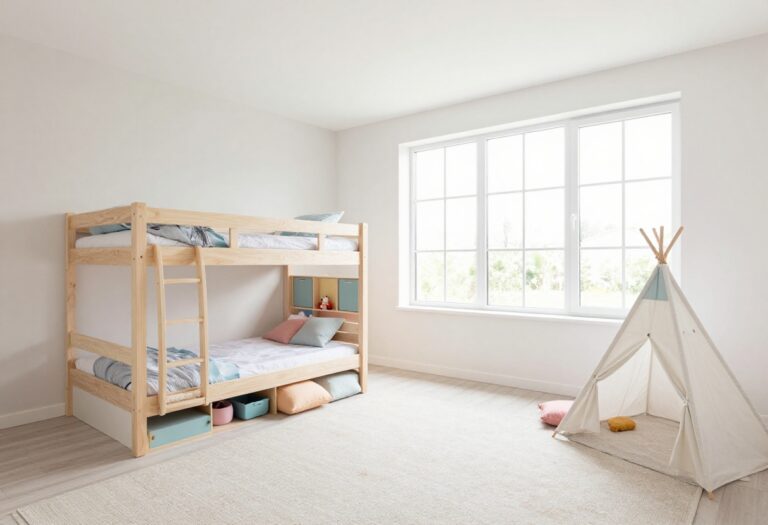 Small kids bedroom with loft bed and play area underneath, featuring wall storage and natural light