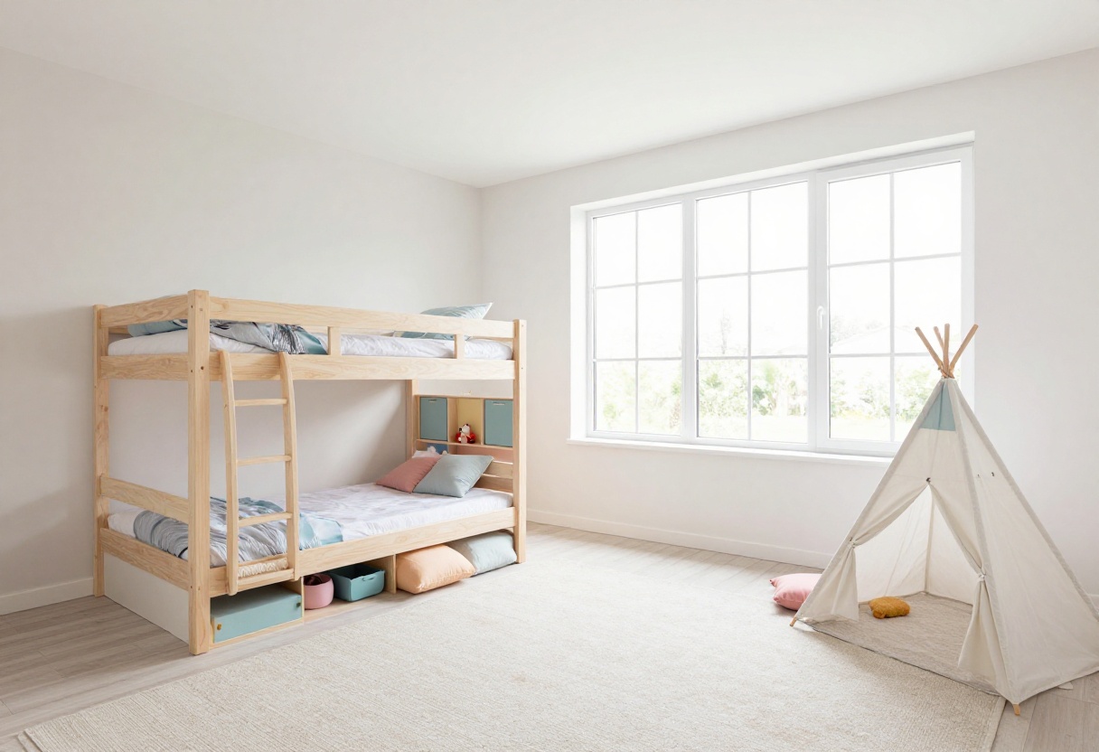 Small kids bedroom with loft bed and play area underneath, featuring wall storage and natural light
