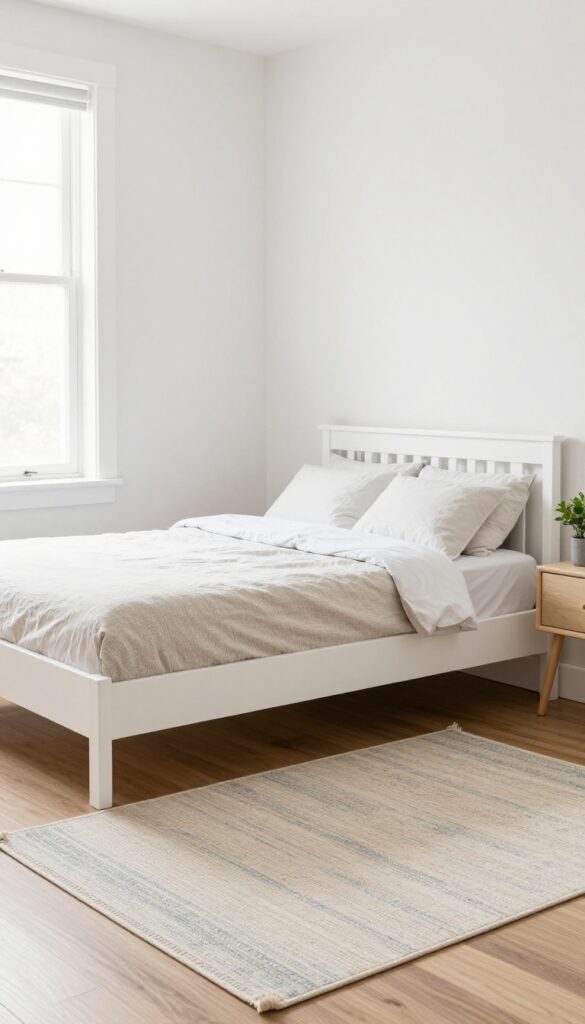 Small bedroom with a patterned rug partially under the bed, defining the sleeping area on hardwood floor.