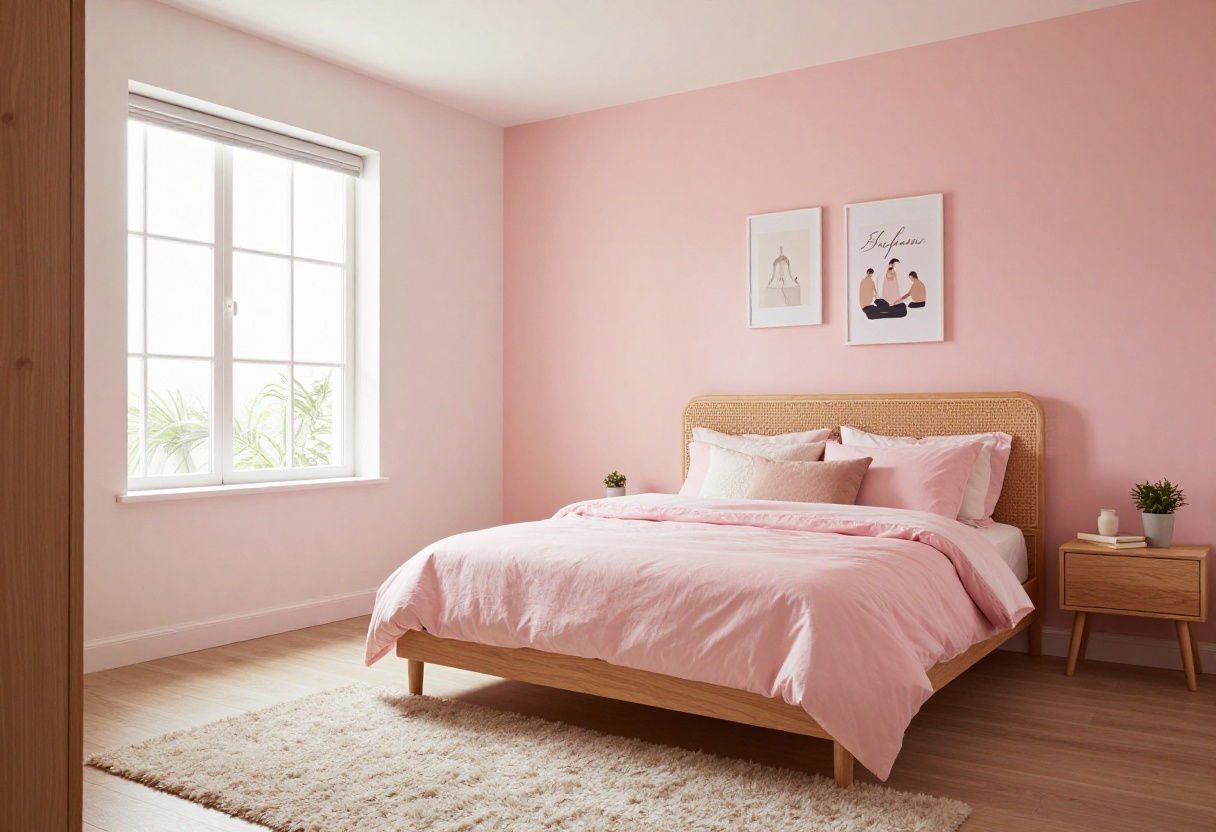 Cozy pink girl's bedroom with blush walls, wood trim, layered bedding, and rattan headboard