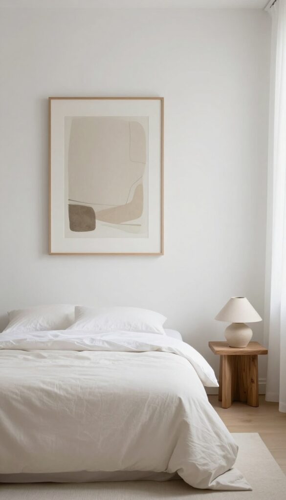 Minimal small guest bedroom with a single large abstract art print as statement piece, soft bedding, and calm natural light.