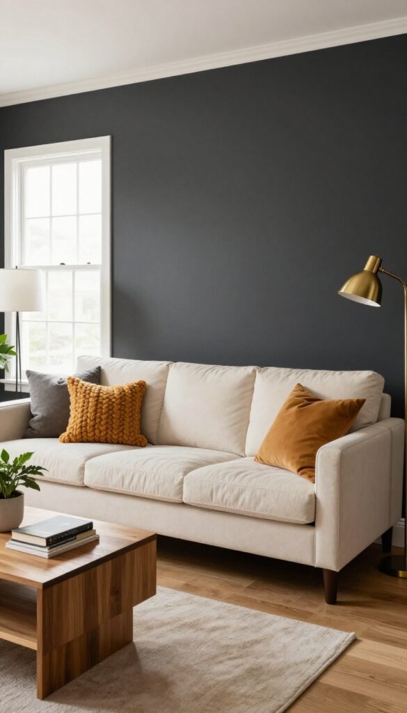 Cream couch against dark charcoal accent wall in bright living room with warm textures and brass lamp
