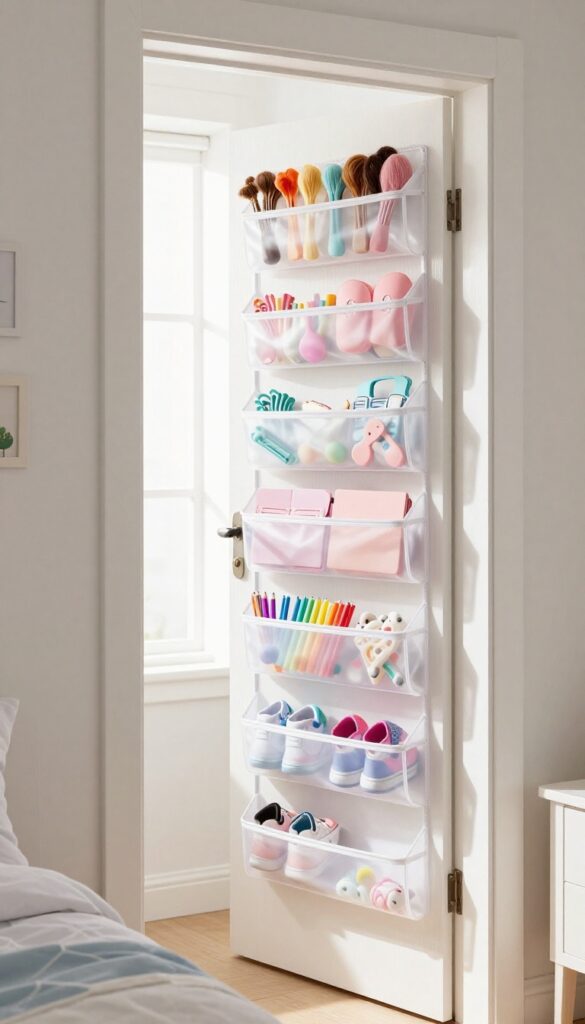 Child's bedroom with over-the-door clear pocket organizer holding pastel accessories and sneakers