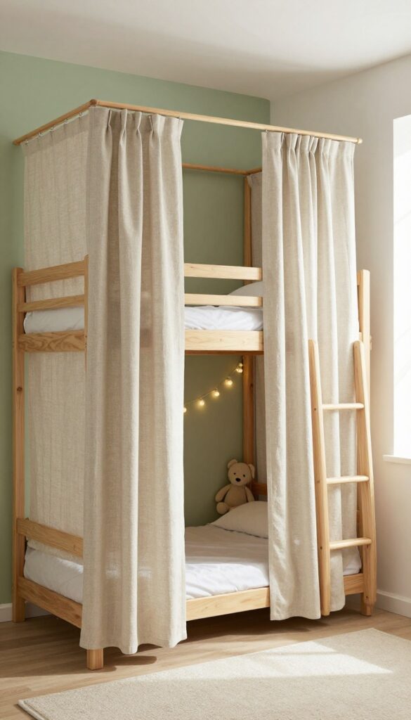 Bunk beds with beige linen privacy curtains, fairy lights, and stuffed animal in a bright shared bedroom