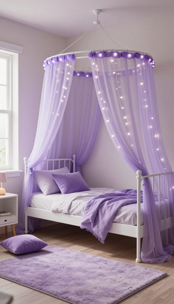A dreamy girl's bedroom with purple string lights draped around a canopy bed, creating a soft whimsical glow.