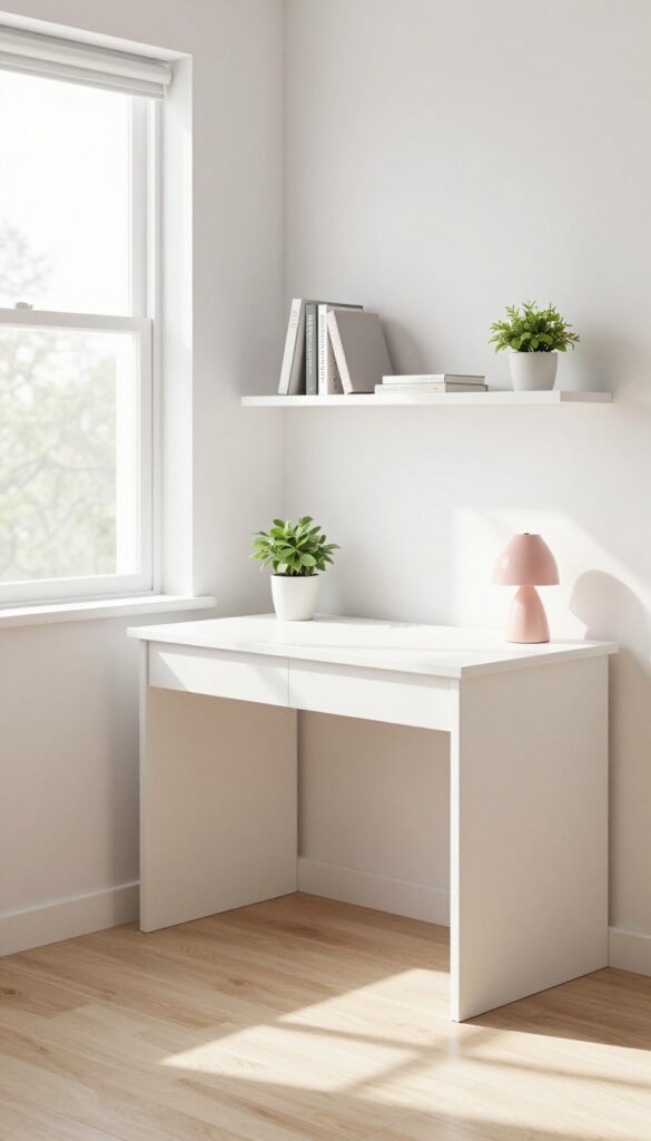 Corner desk with open shelving in a teen bedroom, bright natural light, clean composition