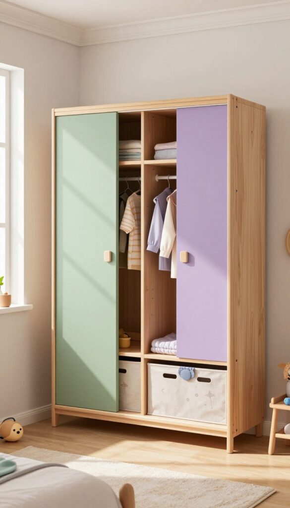 Shared wardrobe with divided sections for two siblings, each with different muted color interiors and labeled bins, in a warm kids' bedroom.