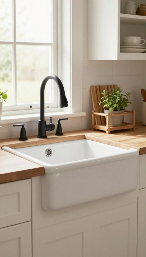 A white apron-front farmhouse sink with a matte black gooseneck faucet, set in a wooden countertop, with a window above and a wooden drying rack and herb pot nearby.