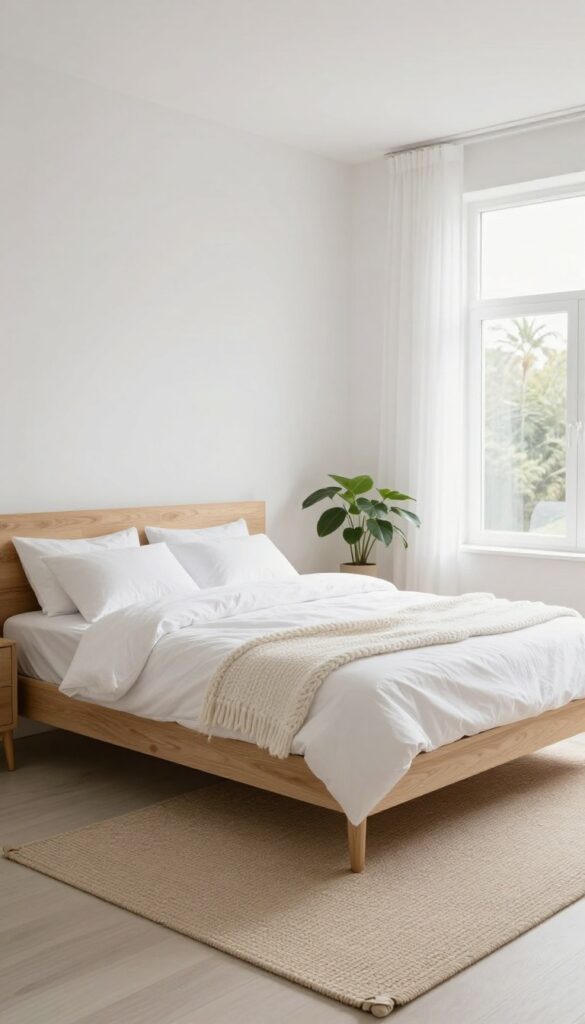 Low-profile bed frame in a small bright bedroom with white linens and natural light