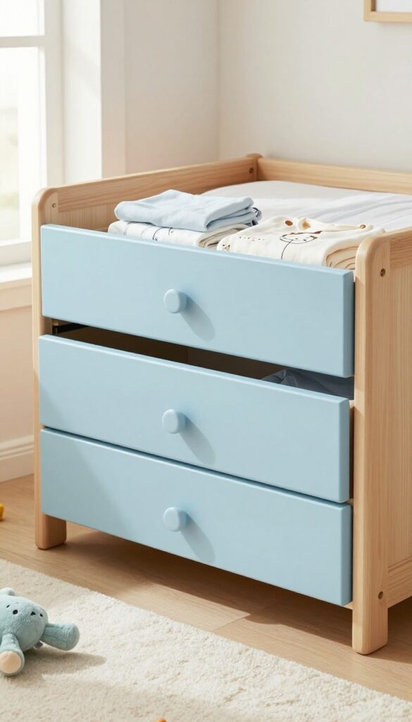 Under-bed drawers on wheels in a kids' bedroom, with one drawer partially open showing clothes and a toy.