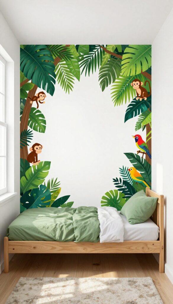 A little boy's bedroom corner with removable jungle wall decals, wooden bed with green bedding, and natural sunlight.