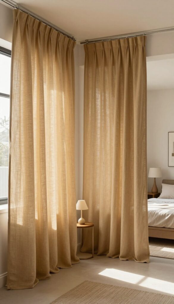 Open-plan room with camel linen curtain room divider creating a private guest sleeping nook