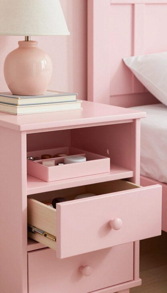 Pink nightstand with drawers and open shelf, ceramic lamp and books on shelf, soft blush finish, bright natural light, organized bedside storage.