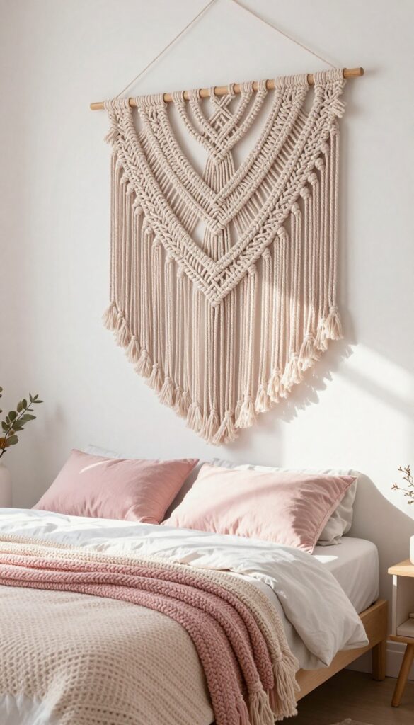 A large blush pink macrame wall hanging above a bed in a bright, airy girl's bedroom with boho-chic decor and natural light.
