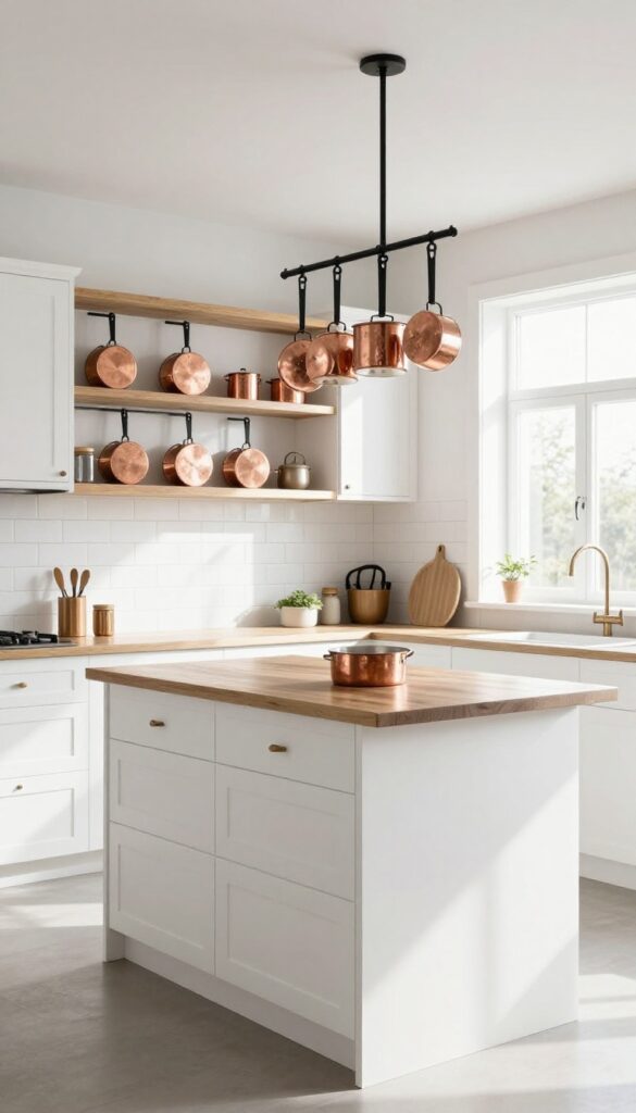 Open pot rack over kitchen island with copper cookware in a bright farmhouse kitchen