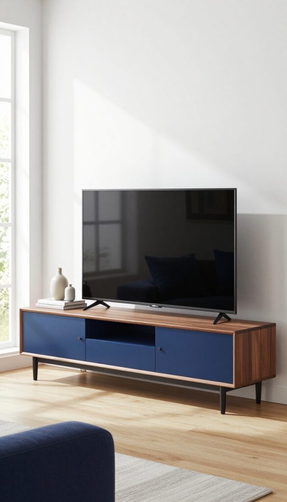 Modern living room with two-tone walnut and black TV stand, navy accent, bright natural light, neutral decor