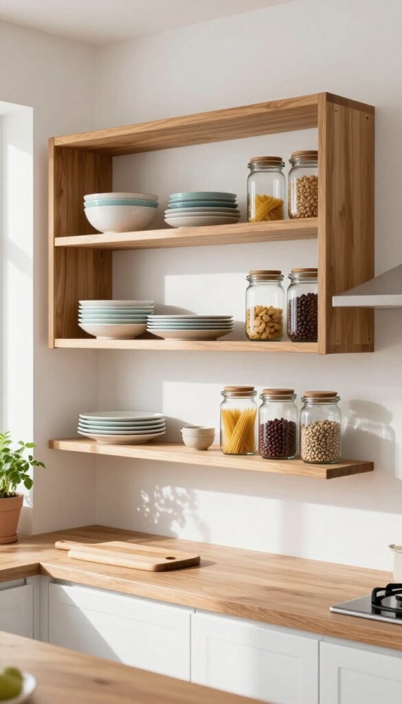 Open shelving in warm wood tone with colorful dinnerware and glass jars in a bright kitchen