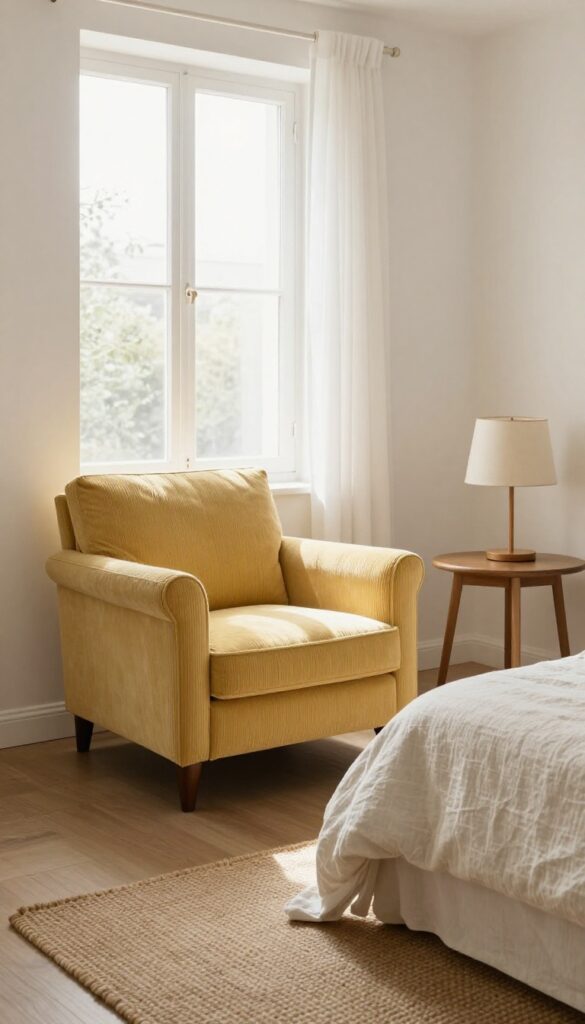 Cozy bedroom corner with vintage yellow armchair by sunny window
