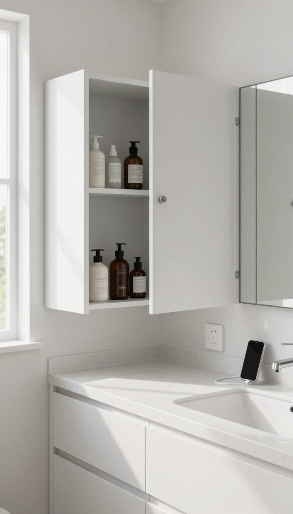 Modern guest bathroom with a medicine cabinet featuring built-in outlets, smartphone charging, and organized toiletries inside.