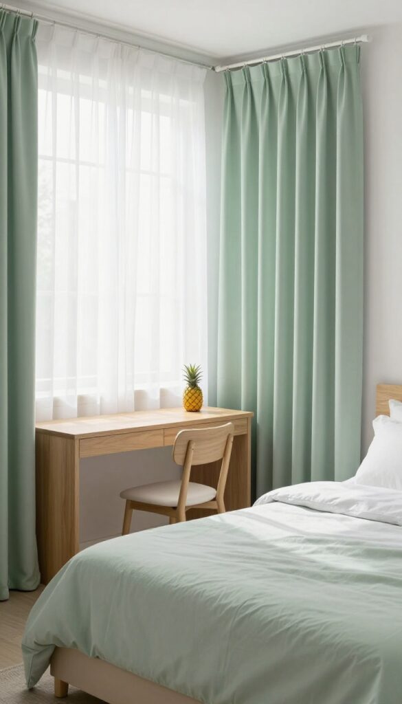 Layered sheer and blackout curtains in a guest bedroom office, creating soft light and privacy.