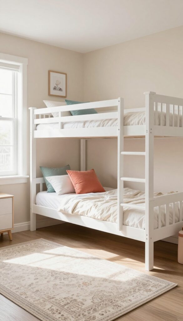 Girls bunkbed bedroom with neutral tones and coral and teal accent pillows and art