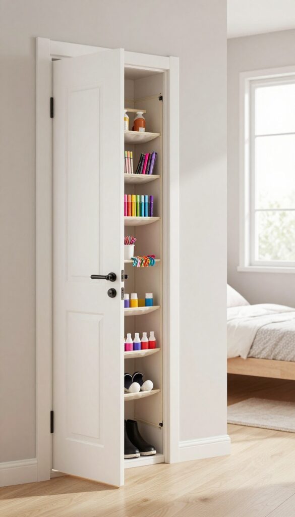 Over-the-door shoe organizer filled with art supplies in a small girl's bedroom