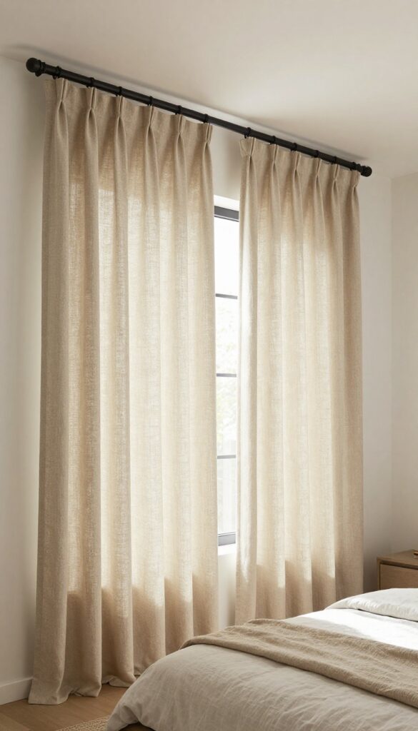 Small bedroom with floor-to-ceiling curtains creating height and a cozy layered look