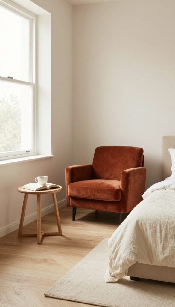 Small bedroom with a cozy seating area featuring a rust velvet armchair and a cream linen bench by the window.