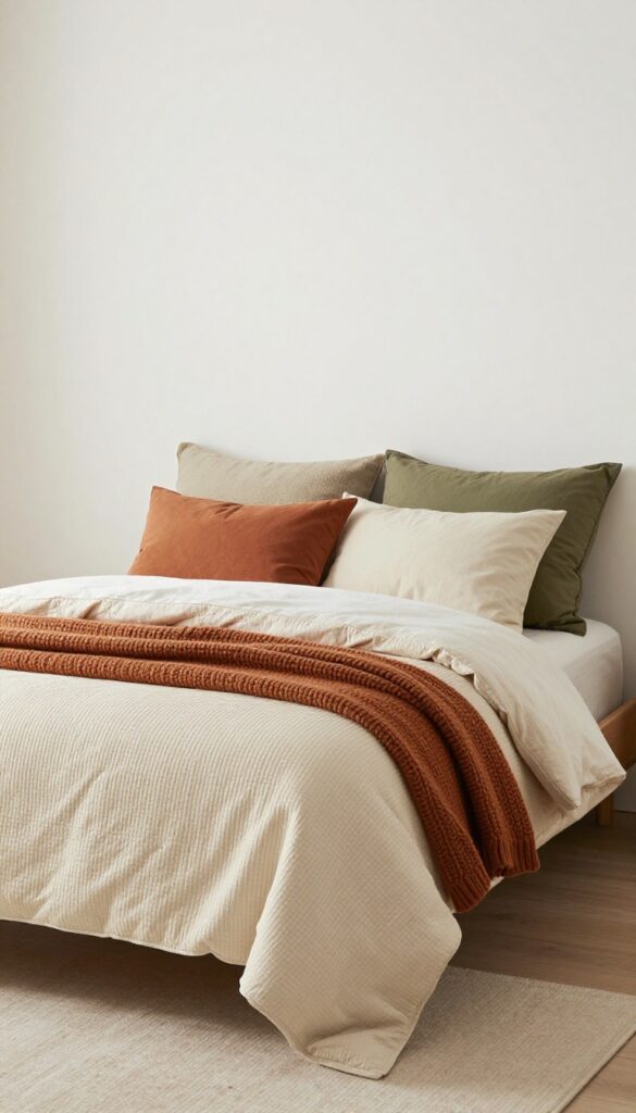Cozy boy's bedroom with layered bedding in earthy tones, olive green, rust, and cream, chunky knit throw, bright natural light