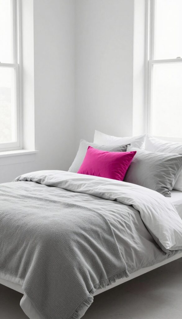 Monochrome bedding with a fuchsia pop of color in a small bedroom