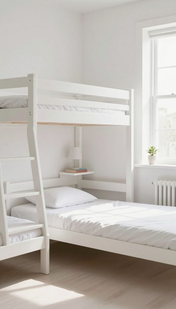 Corner bunks with shared nightstand shelf in a bright, airy kids' bedroom