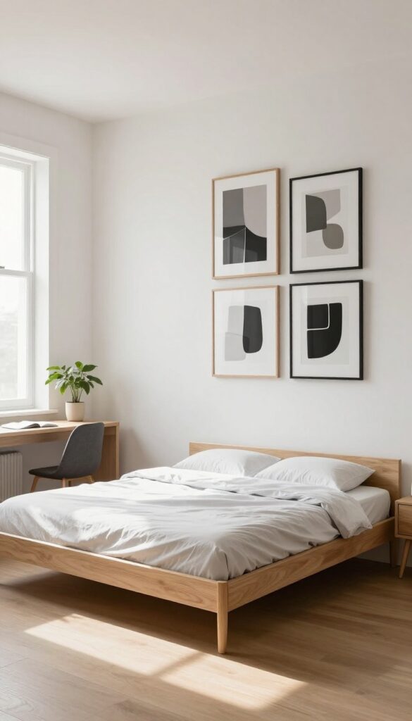 A gallery wall above a folded Murphy bed in a bright, airy room with a desk and plants.