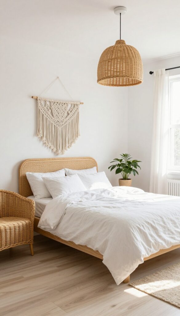 Boho girls bedroom with rattan headboard, wicker pendant light, and wicker chair, natural light, soft textures.