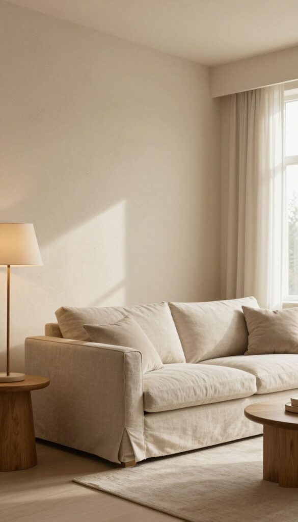 Cozy living room with knockdown texture wall in warm beige, soft natural light, linen sofa and floor lamp.
