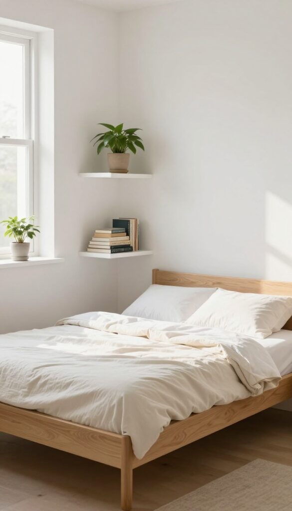 Corner shelves in a small bedroom with books, plant, and blanket