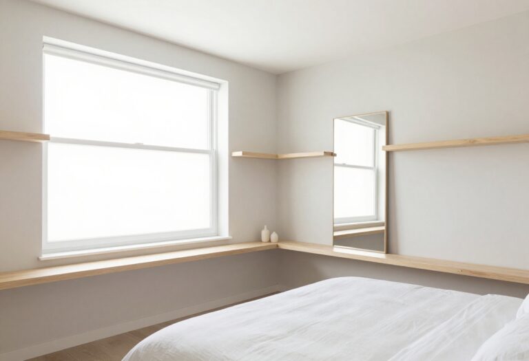 Small bedroom with low bed, floating shelves, mirror, and neutral decor
