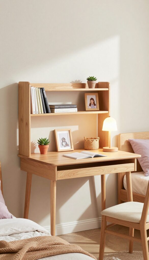 A built-in desk nook with floating shelves in a teen girl's bedroom, featuring warm wood tones, a soft desk lamp, and decorative items on shelves.