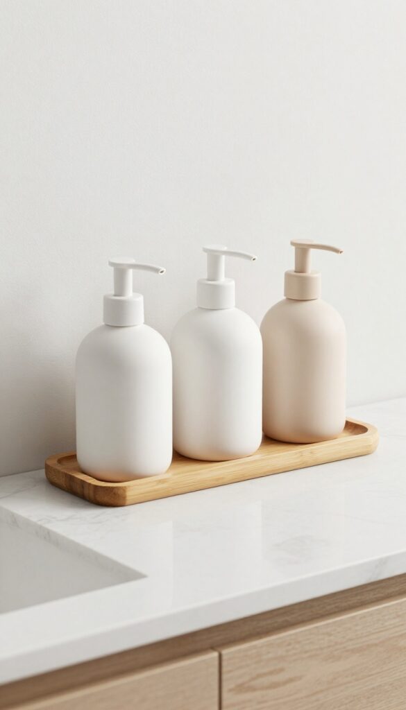 Minimalist ceramic soap dispenser set on bamboo tray in bright, clean bathroom