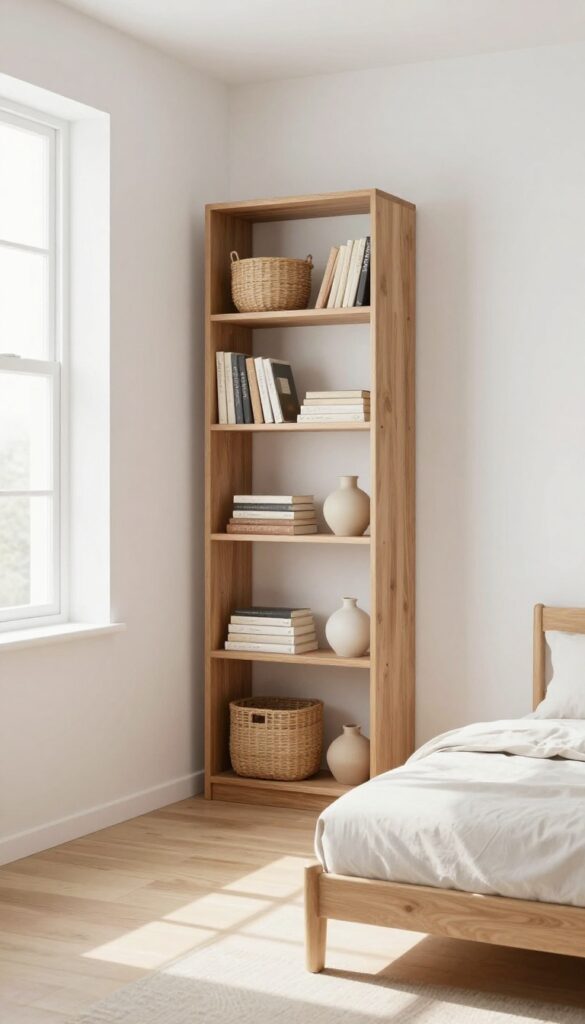 Small bedroom with vertical storage solutions, tall walnut bookshelf, minimal furniture, bright natural light, clean and cozy interior design