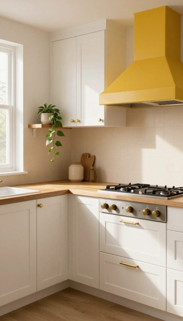 A colorful mustard yellow range hood as a focal point in a bright, warm kitchen with white cabinets and wood countertops.