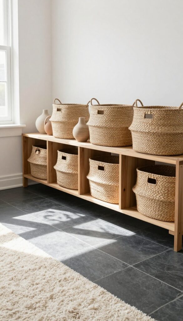 Slate tile flooring with open shelving and woven baskets in a cozy living room