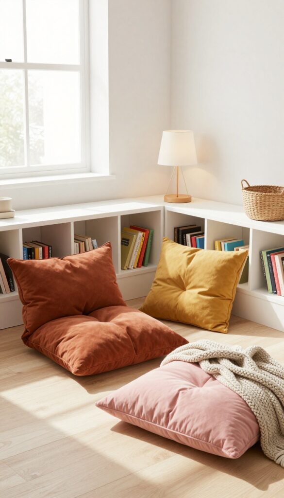 Cozy reading nook with floor cushions, low bookshelf, and lamp in a bright bedroom corner