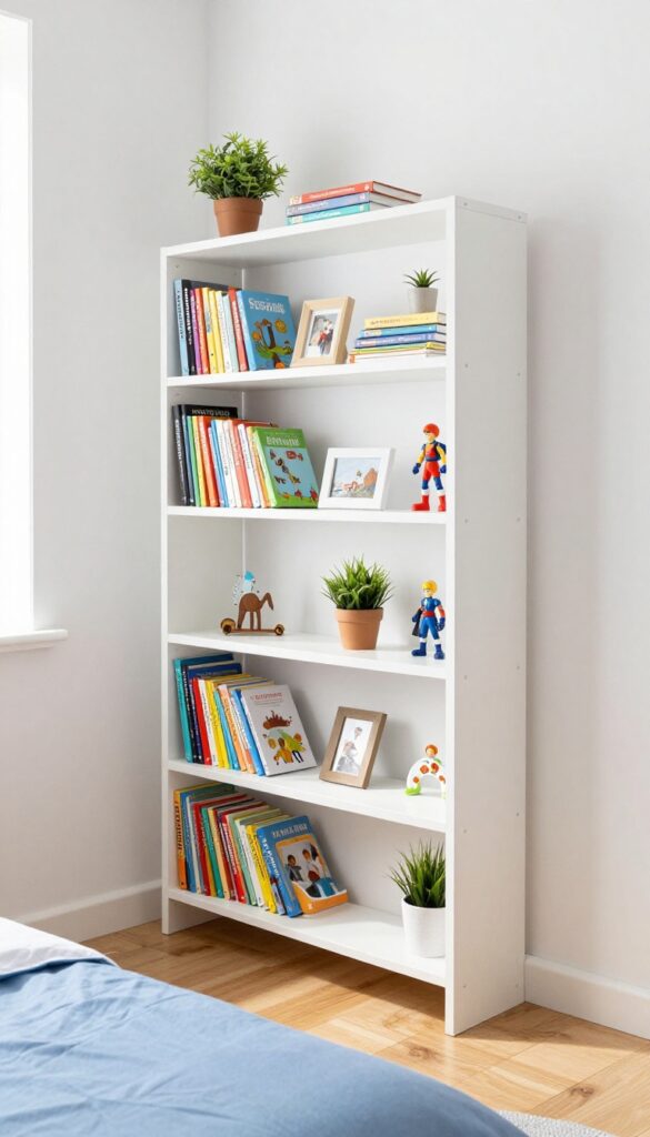 Vertical floating shelves on a wall in a boys bedroom, filled with books and small decor items, with natural light and a tidy look.