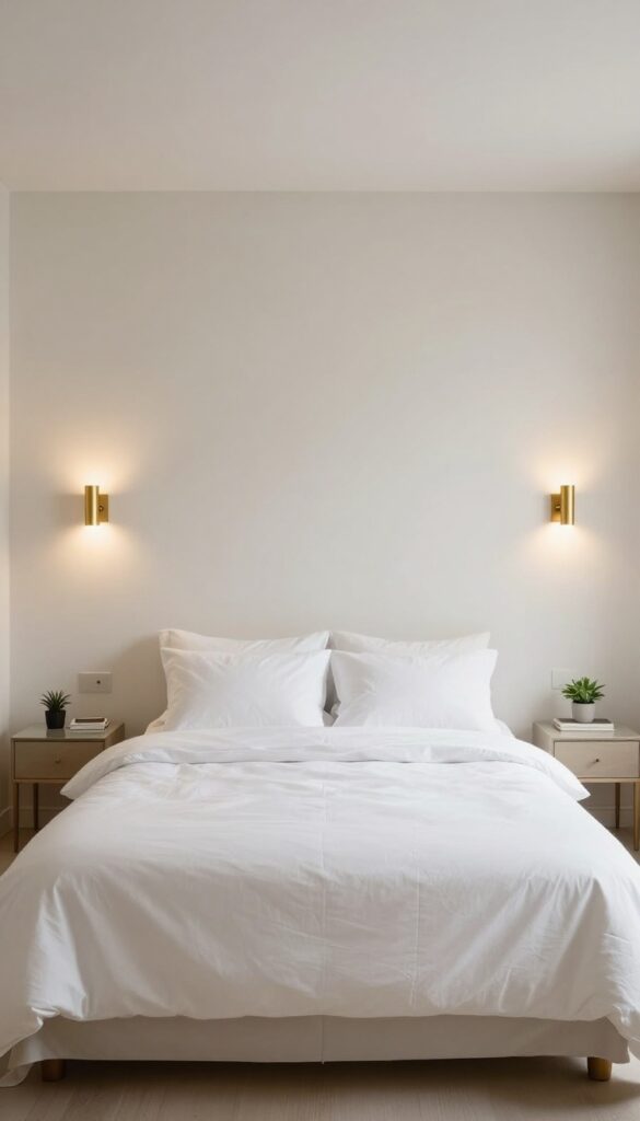 Small bedroom with king bed and wall-mounted sconces instead of table lamps, freeing up nightstand space.