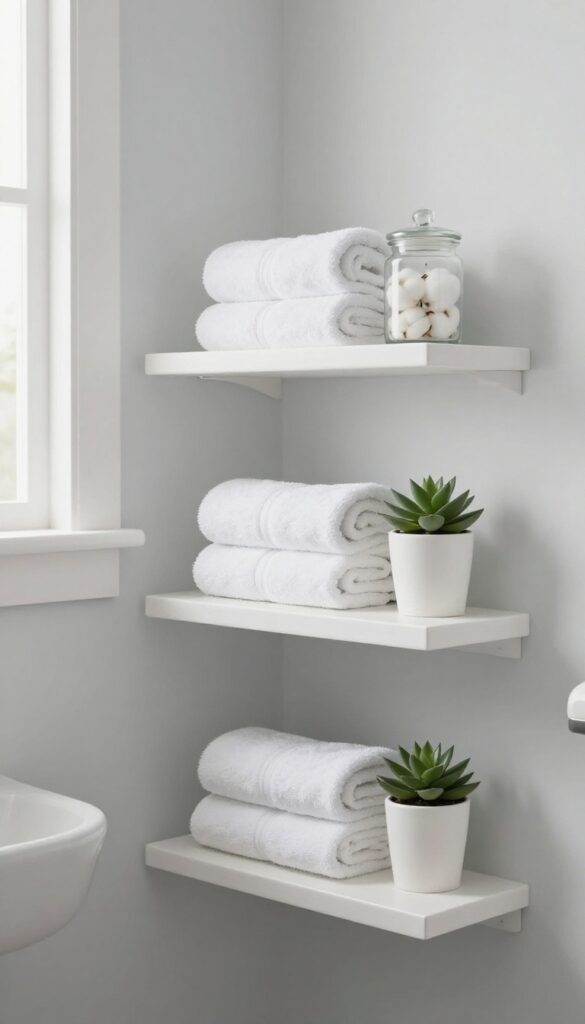 Floating shelves in a small guest bathroom with rolled towels and glass jars