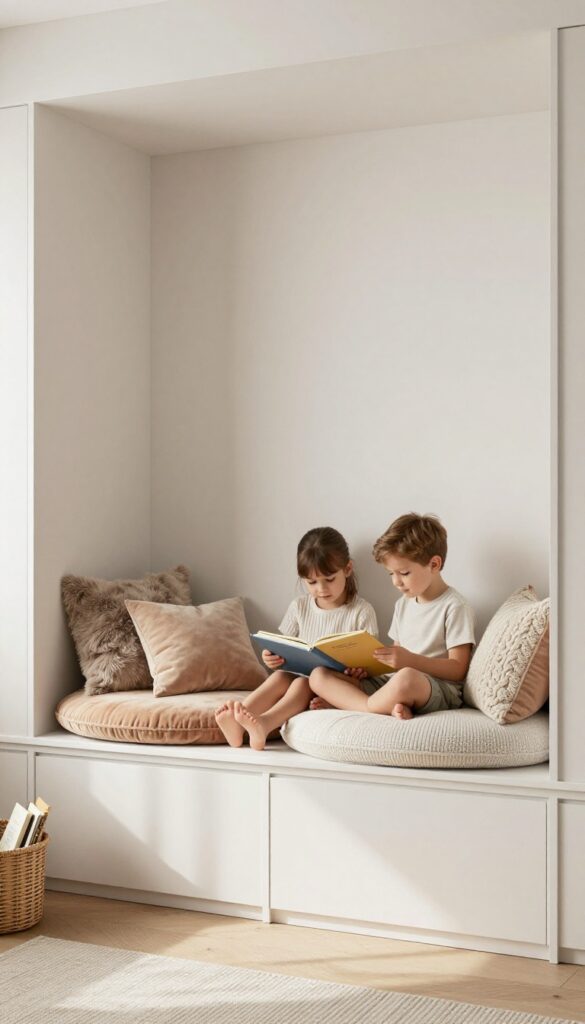 Two kids sitting on a built-in window seat with storage drawers underneath, reading books in a cozy shared bedroom.