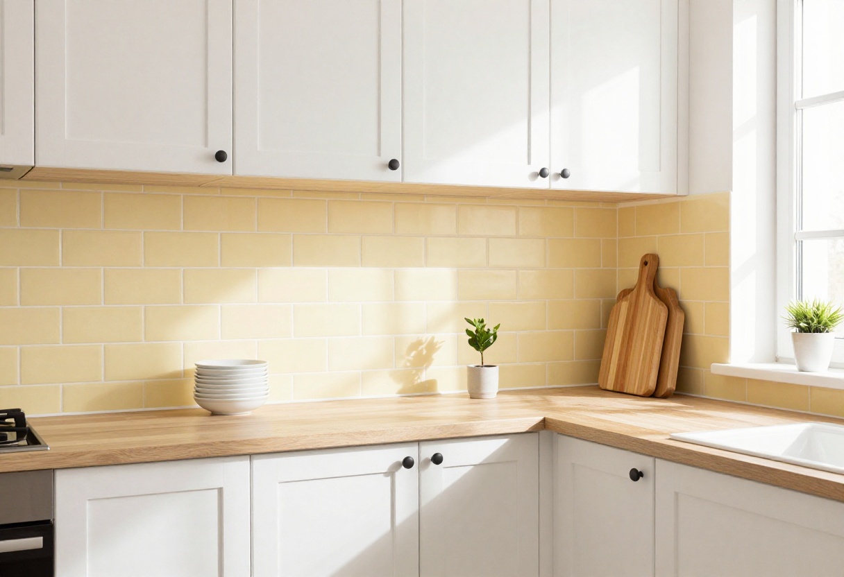 Bright kitchen with yellow backsplash and white cabinets