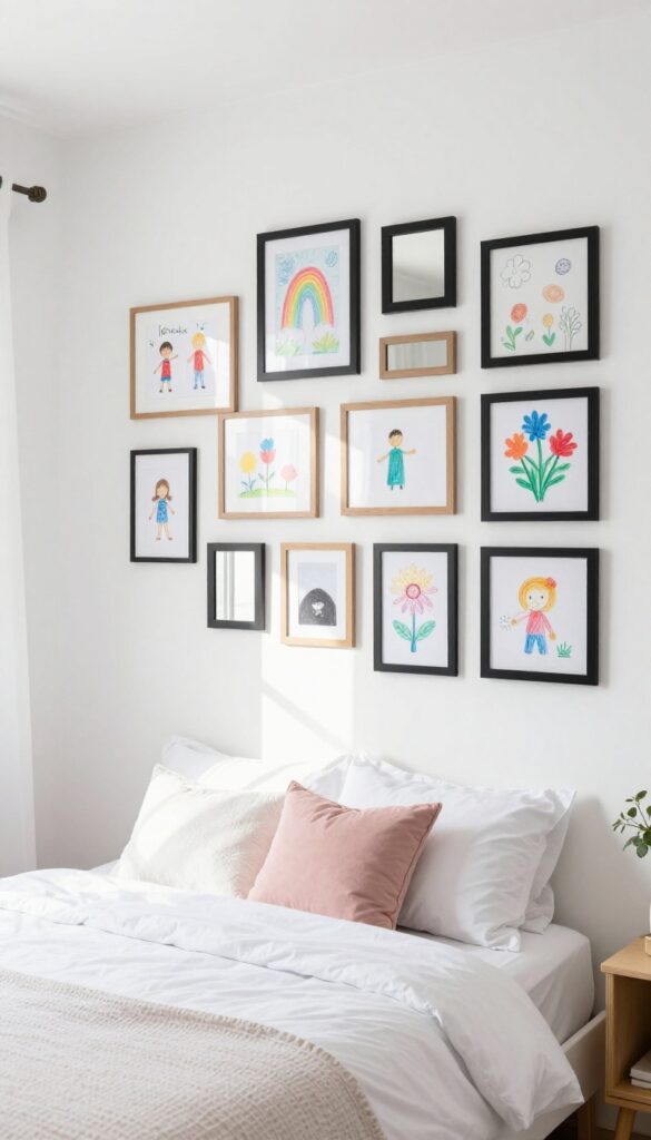 A gallery wall in a girl's bedroom with children's drawings, prints, and mirrors in mismatched frames, unified by black or wood tones, with natural light creating a cozy atmosphere.