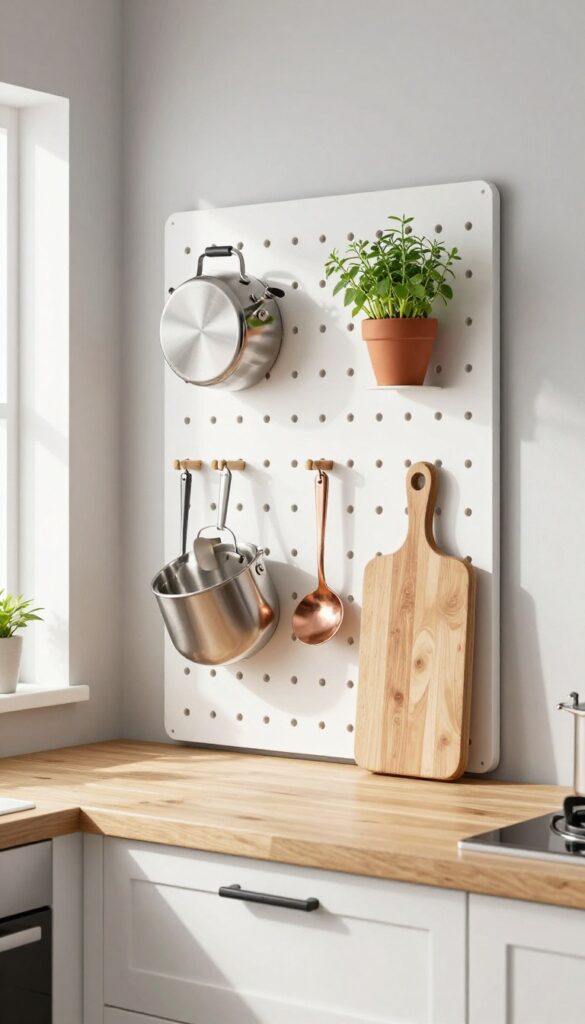 Modern single-wall kitchen with a white pegboard holding pots, utensils, and herbs, bright natural light